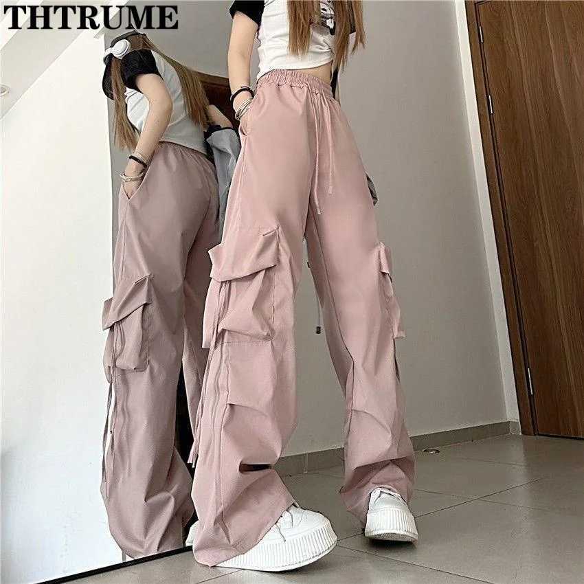 Retro Vintage High Street Baggy Pants Fashion Women Oversized Drstring Pocket New Pant Casual Streetwear Loose Jogger TrousersXJ250616