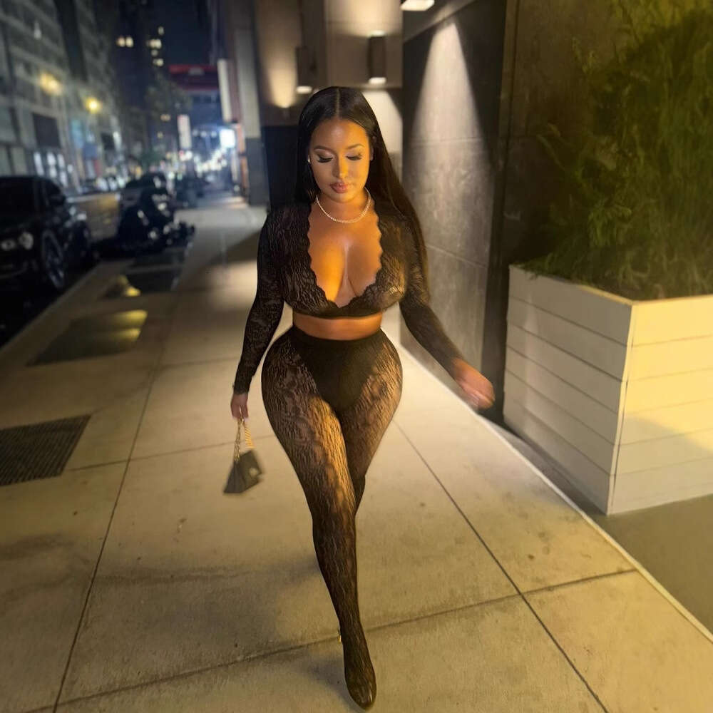 Fashion Solid Color Slim Fit Sexy Lace Sheer Hollow Out Short Long Sleeve Top And Pants Set B5