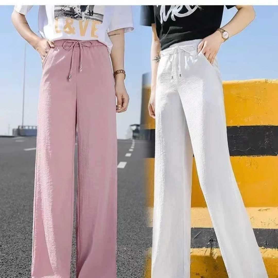 Plus size Women Ankle-Length Wide Leg Pants Casual Summer Solid Elastic Waist Loose Ice Silk Pants Spring Summer Fe TrousersXJ250616