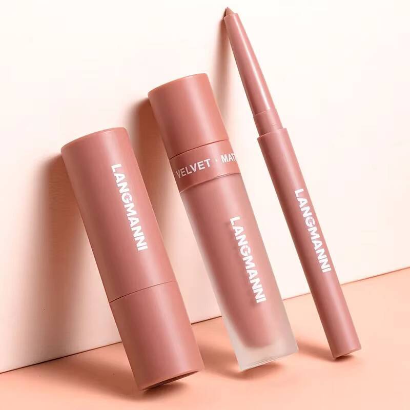 3PCS Matte Lipstick Set Nude Brown Velvet Liquid Gloss Waterproof Non-stick Cup Lip Liner Plumper 24HR Lasting Not Easy Fade happy