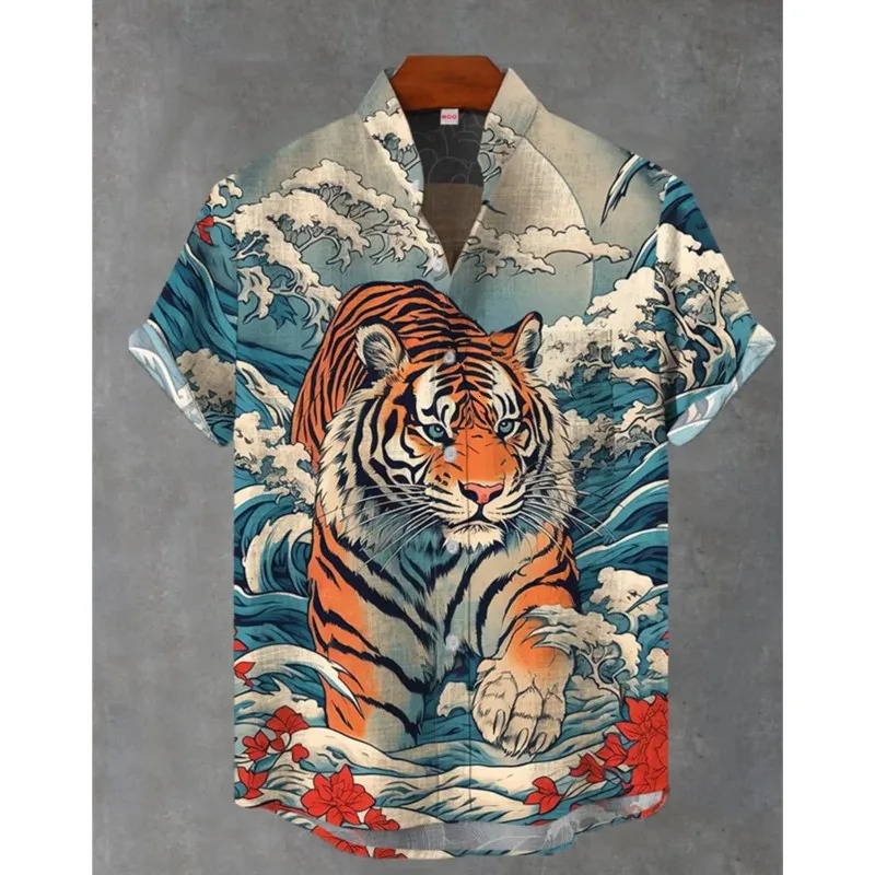 Selling Tiger Mens Linen Short Sleeved Shirt With Retro Pattern Printed Casual And Fashionable Top Trajes De Moda 250613Z