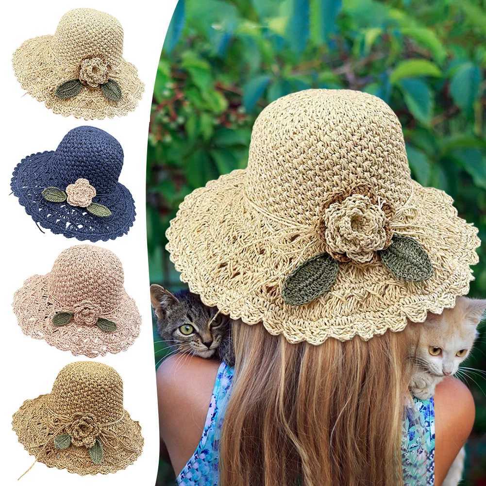 New Arrival Simple Women Hand-woven Straw Hat With Flowers Soft Lightweight Sun Hats For Outdoor Beach Vacation Foldable Sun Protection Cap U250616
