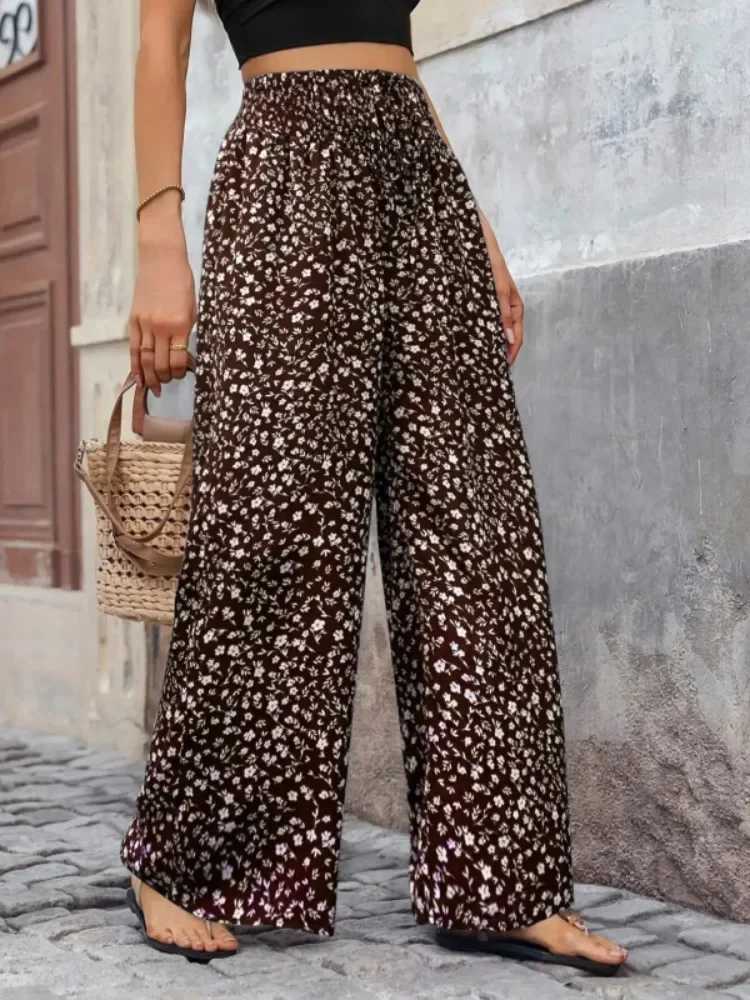 Women Plus Size 1XL-5XL Casual Floral Print Wide Leg Pants Fe Fashion Elastic High Waisted Loose Long Trousers XJ250616