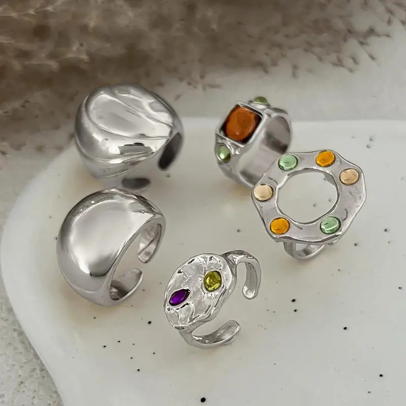 5Pcs/Set Vintage Irregular Metal Large Circular Rings for Women Men Colorful Rhinestone Opening Rings Punk Jewelry Accessories 250610