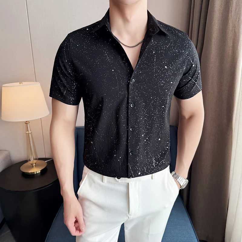 Mens Shirt 2025 Summer New Korean Fashion Short Sleeved Shirt Starry Sky Hot Stamping Casual Solid Color Top Social Shirt W250616