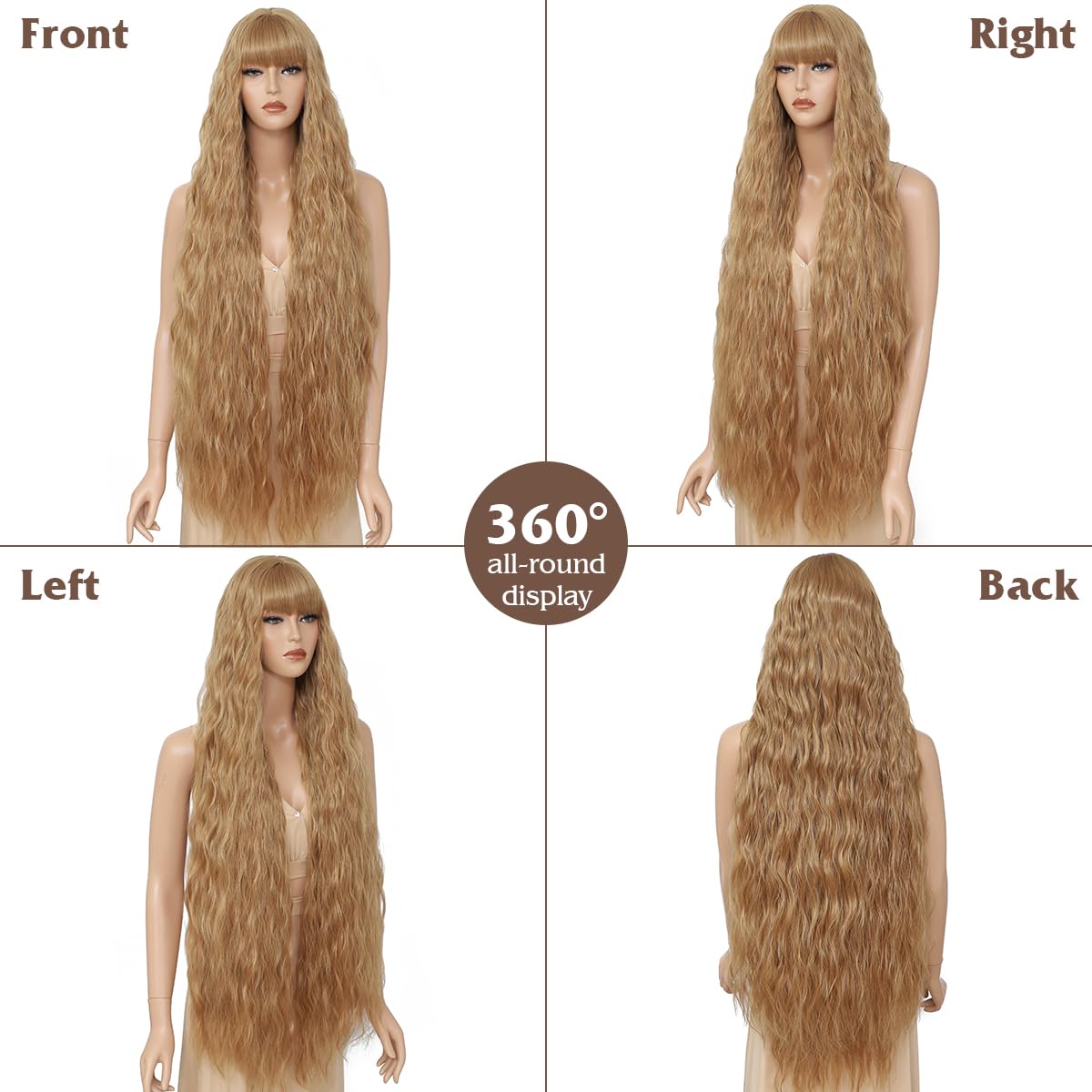 40 inch women's long wavy wig with bangs faux hair texture, natural appearance synthetic heat-resistant hair Bohemian wig for daily parties and H