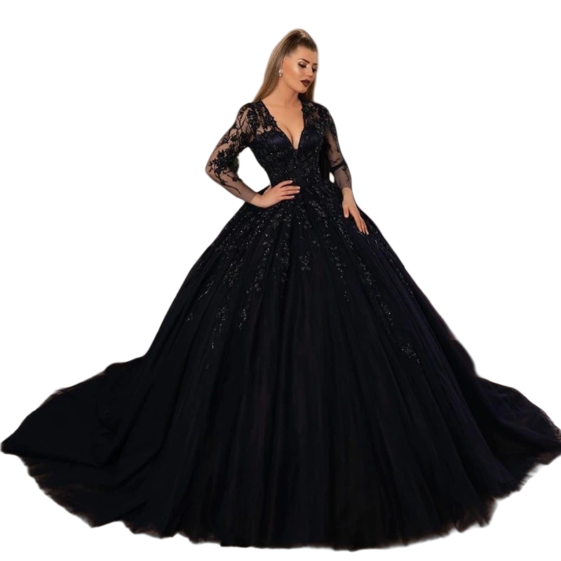 Gothic Black Wedding Dresses Long Sleeve Ball Gown Bridal Gowns Lace Appliques Beaded Tulle Vintage Bride Wear Court Train