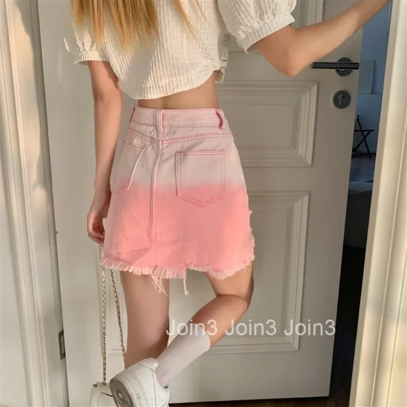 Wrap High Waist Gyaru Pink Woman Denim Skirt Jeans Skirts for Women Tight Cute Zipper Ripped Kawaii Short Mini Cheap V Casual