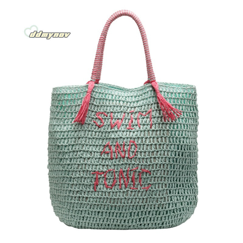 Summer Beach Vacation Fresh Mint Green Straw Ins Style Large Capacity Mori Literary Shoulder Bag ddmynov