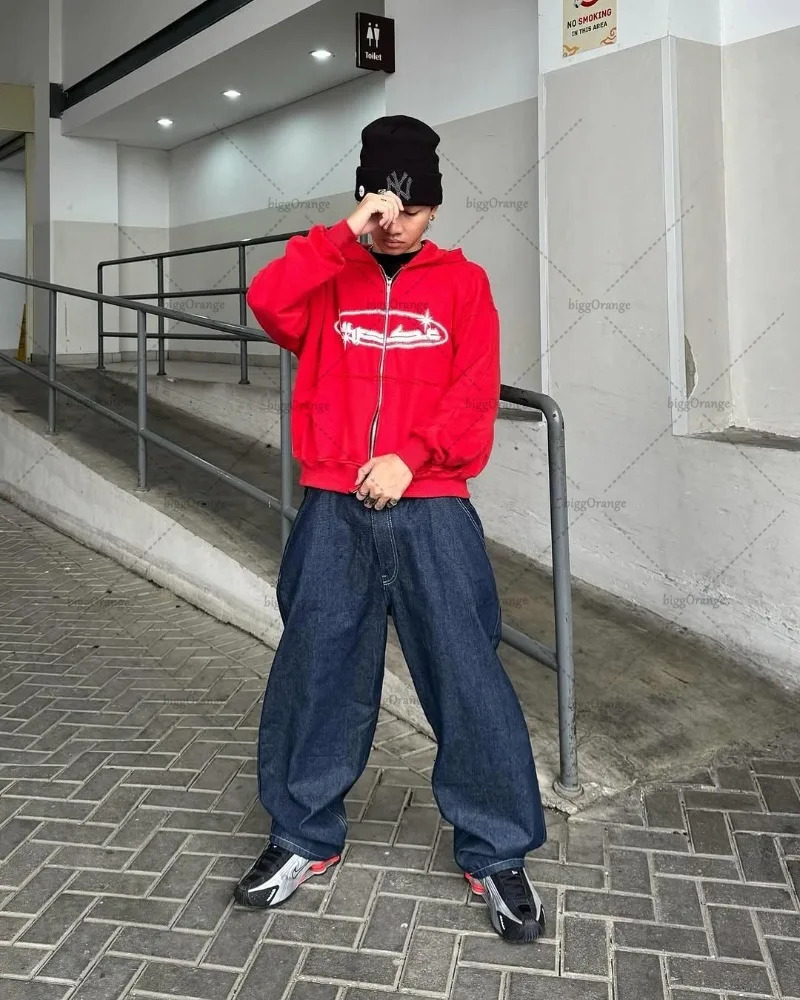 American Style Stylish Letter Pattern Casual Loose Zipper Hoodie Men Street Hiphop Retro Harajuku Oversized Sweatshirt 250612