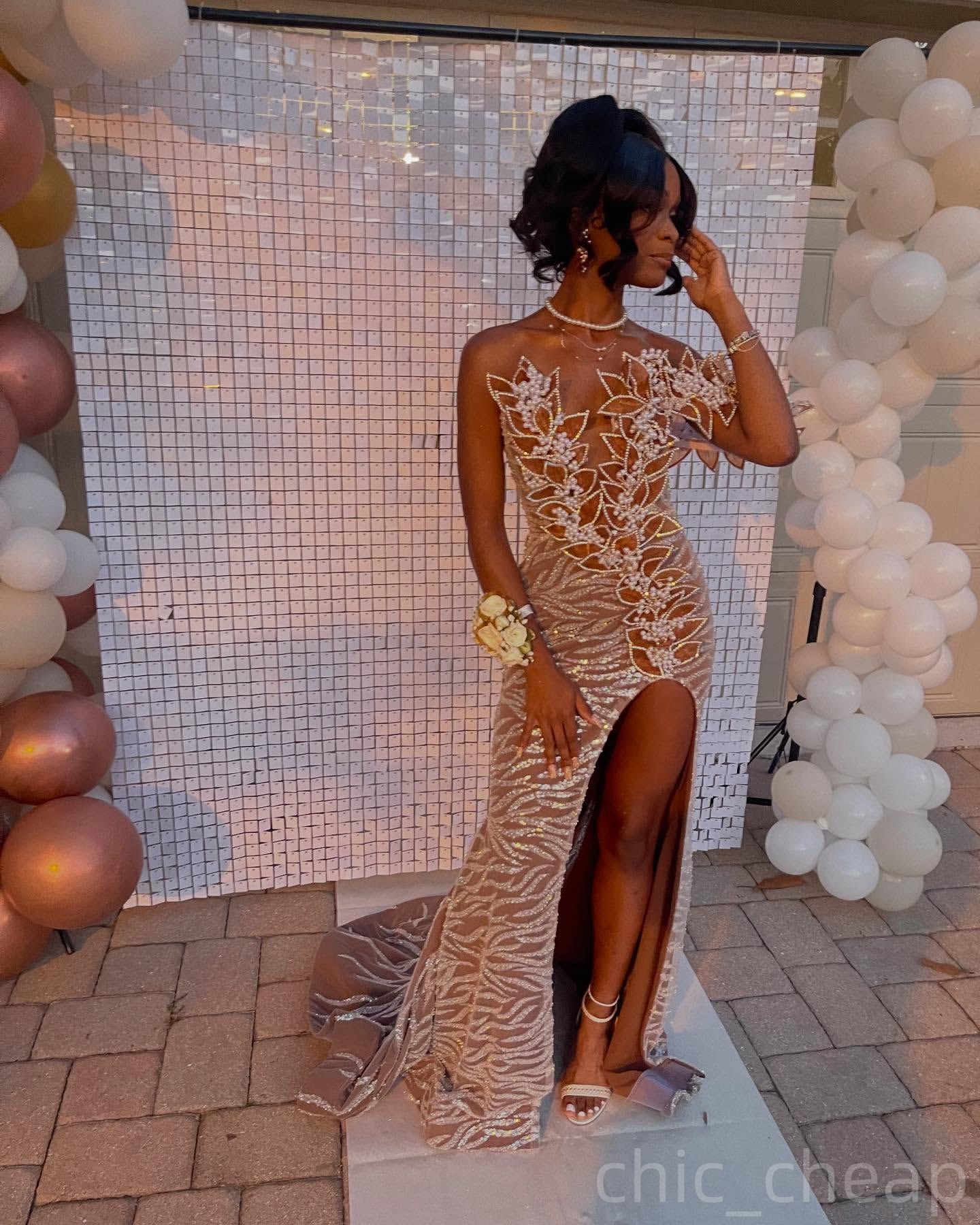 Brown Mermaid Prom Dresses 2025 Pearls Floral Appliques Sequined Evening Formal Party Second Birthday Engagement Gowns Plus Size Dress For Special Occ