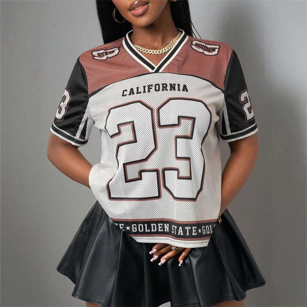 American Street Style Color Block Number Print Sheer Loose Short Sleeve Top For Women B5