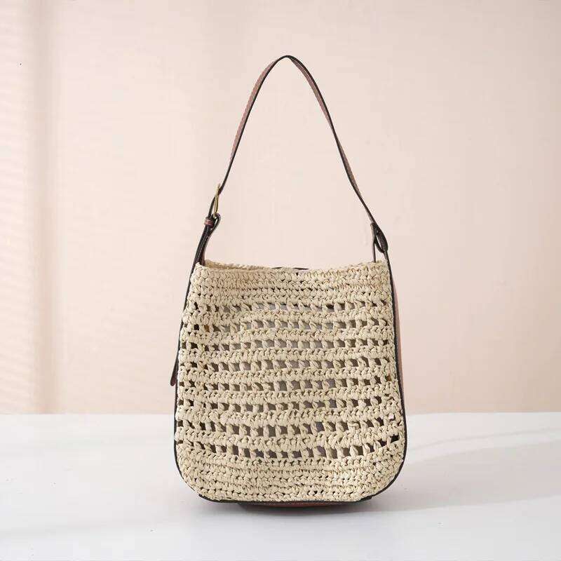 Hollow Design Woven Women's Beach Bucket Bag Shoulder Purse Handwoven Summer Large Capacity Underarm Handbag
