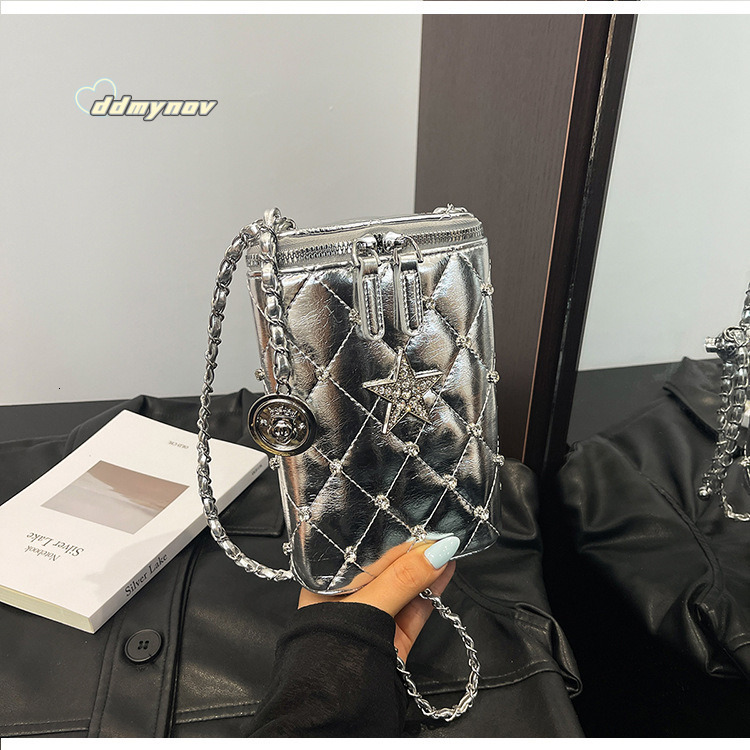 Minimalist Quilted Chain Phone for Women 2025 Summer New Fashionable Textured Stylish Casual Shoulder Crossbody Bag ddmynov