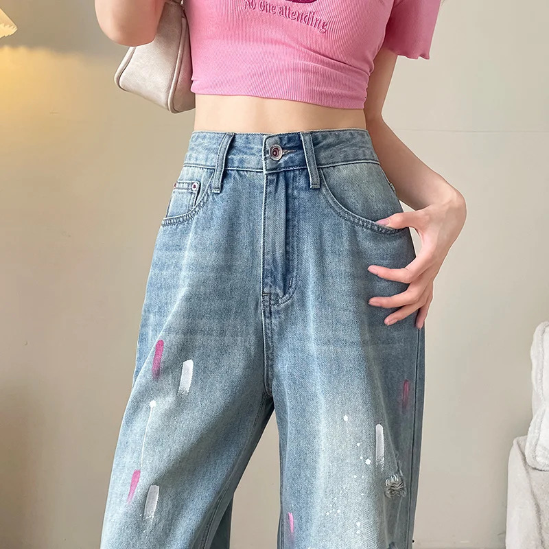 KSTUN Summer Women Wide Leg Jeans High Waist Hollow Out Baggy Pants Loose Straight Frayed Ripped Jeans Painting Streetwear 250609