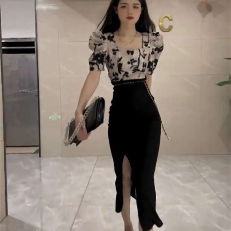 2 Pieces Sets for Women Slit Short Sleeve Suits Skirt Sexy Woman Outfit Y2k Clothes Top and Bottom New Matching Summer 2024 Full
