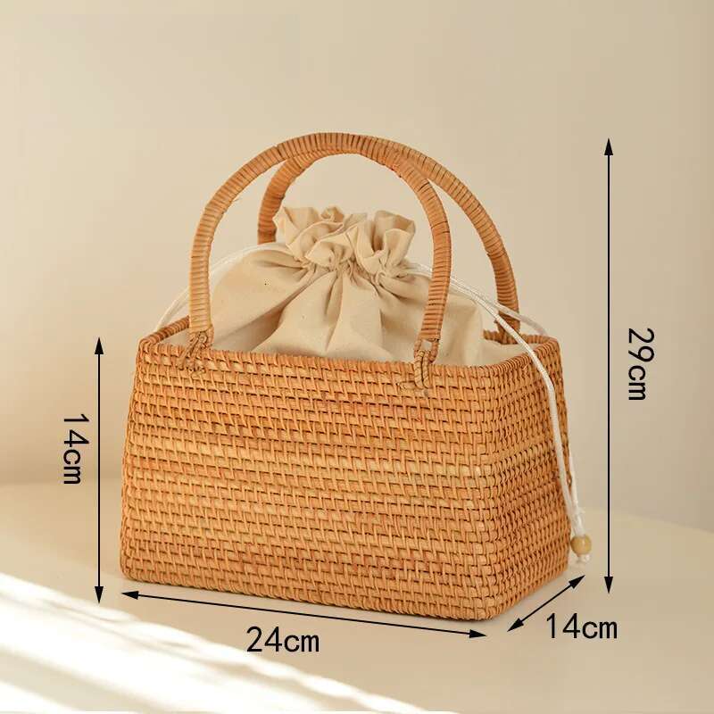 Casual Hollow Rattan Basket Bags Wicker Woven Women Handbags Handmade Summer Beach Straw Small Bucket Bag Bali Tote Purses