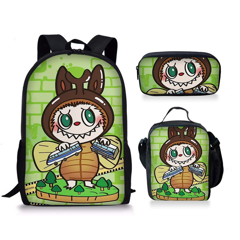 New Labubu Three-Piece Set Bag Pencil Case Student Baby Backpack Cute Versatile Portable