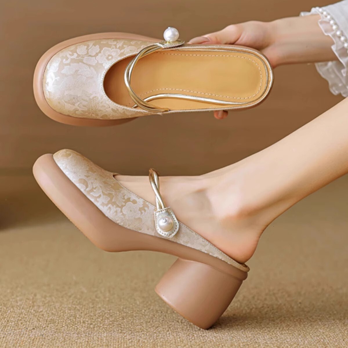 Ddmysports Petite Thick Soled High Heeled Closed Toe Sandals For Women Summer Chunky Heel Chinese Style One Strap Outdoor Half Slippers Outdoor Shoes