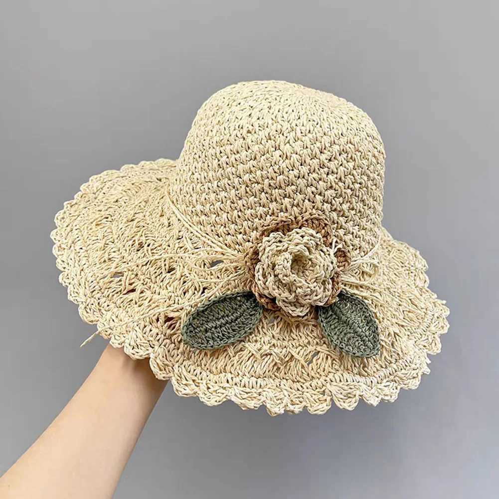 New Arrival Simple Women Hand-woven Straw Hat With Flowers Soft Lightweight Sun Hats For Outdoor Beach Vacation Foldable Sun Protection Cap U250616