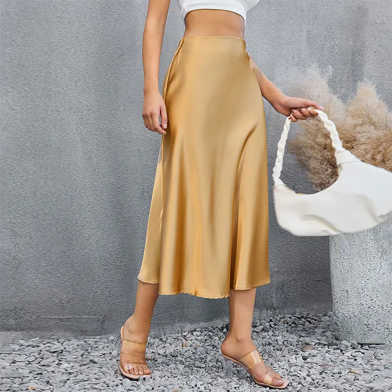 Satin Skirts for Women Korean Style Champagne Office High Waist A-line Skort Fashion Elegant Solid Long Pencil Skirt Silk Like 250614