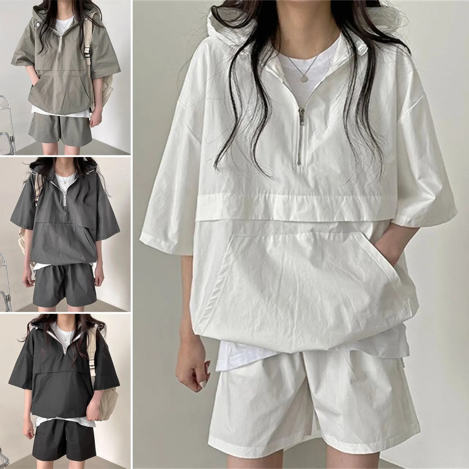 Hoodie Women Suits 2 Pcs Sets Sport Shorts Set Threequarter Sleeve Loose Outfit Elastic Waist Lady Outdoor Tracksuit 250612