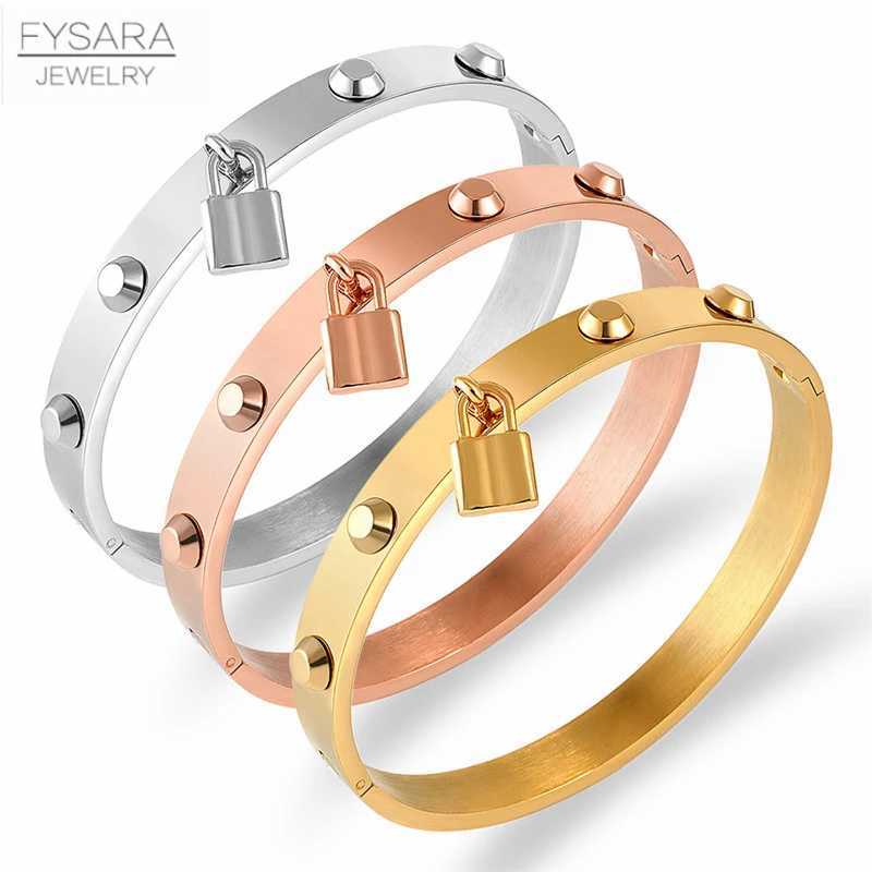 FYSARA Punk Style Lock Charm Rivet Spike Bangle Stainless Steel for Women Men Classic Brand Pulseiras Jewelry Gifts Z250616
