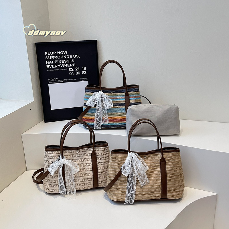 Korean INS Rainbow Straw Handbag for Women 2025 Summer Casual Vacation Style Color-Block Shoulder Crossbody Bag ddmynov ddmynov