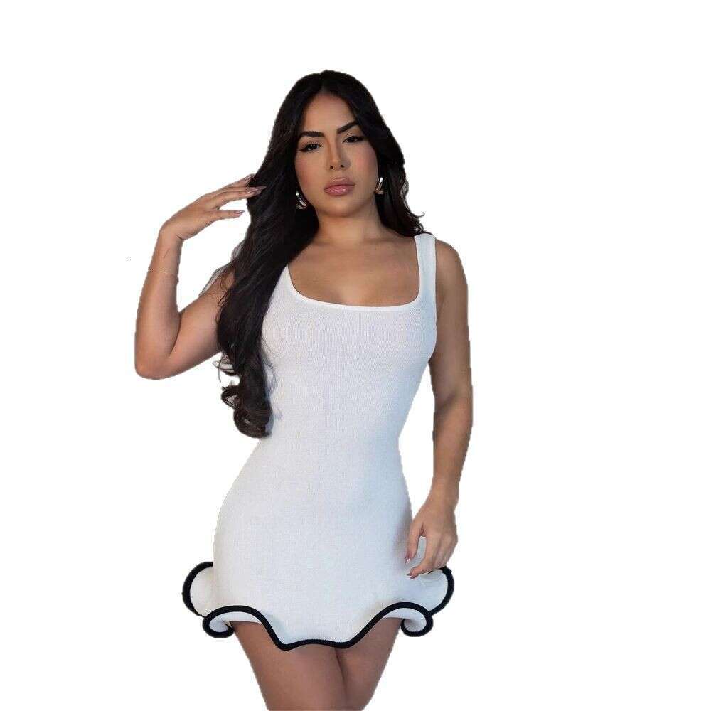 New Fashion Elastic Solid Color Elegant U-Neck Lace Irregular Strap Short Dress B5