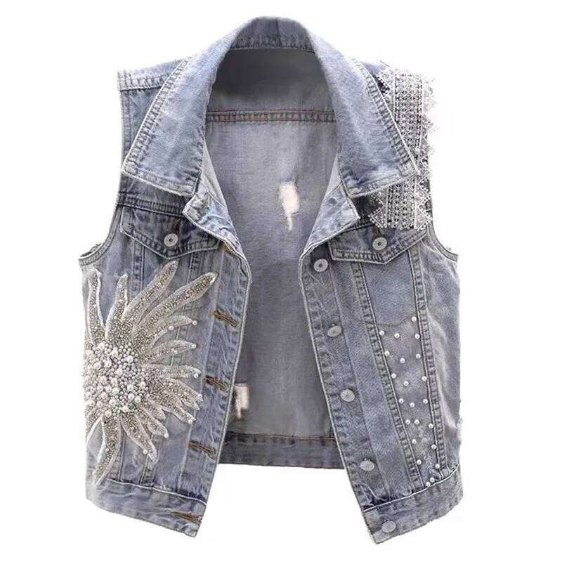 New Fashion Beaded Denim Vest For Women Haruku Trendy Vintage Short Sleeveless Ripped Jean Jackets Coat