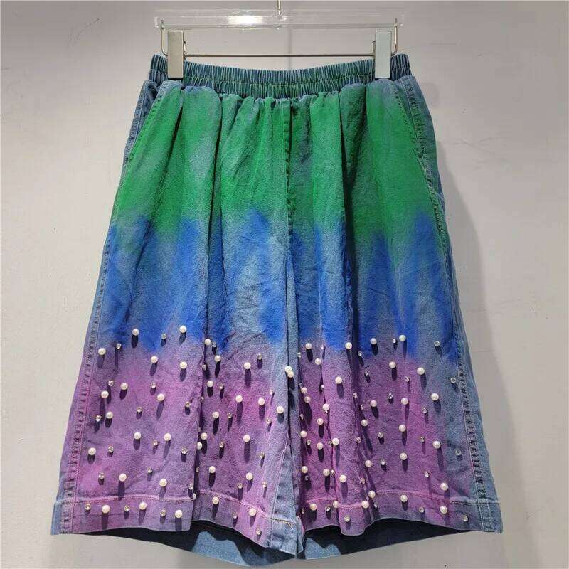DEAT Women's 2 Piece Set Loose Pearls Gradient Tie-dye Coat Elastic Waist Denim Short Pants 2025 Summer New Fashion 29A1733