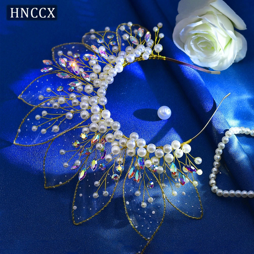 HNCCX Wedding Faux Pearl Hair Hoop Bridal Colorful Rhinestone Headband Bride Headdress Organza Leaf Headwear For Women CP670 250610