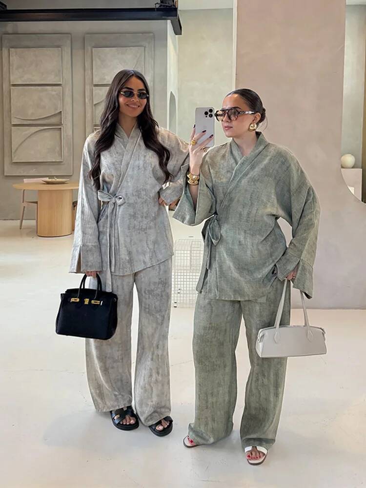 Casual Cotton Linen Pants Outfits Women Loose V Neck Lace Up Long Sleeves Female 2025 Spring Summer Chic Soft Set 2 Pieces