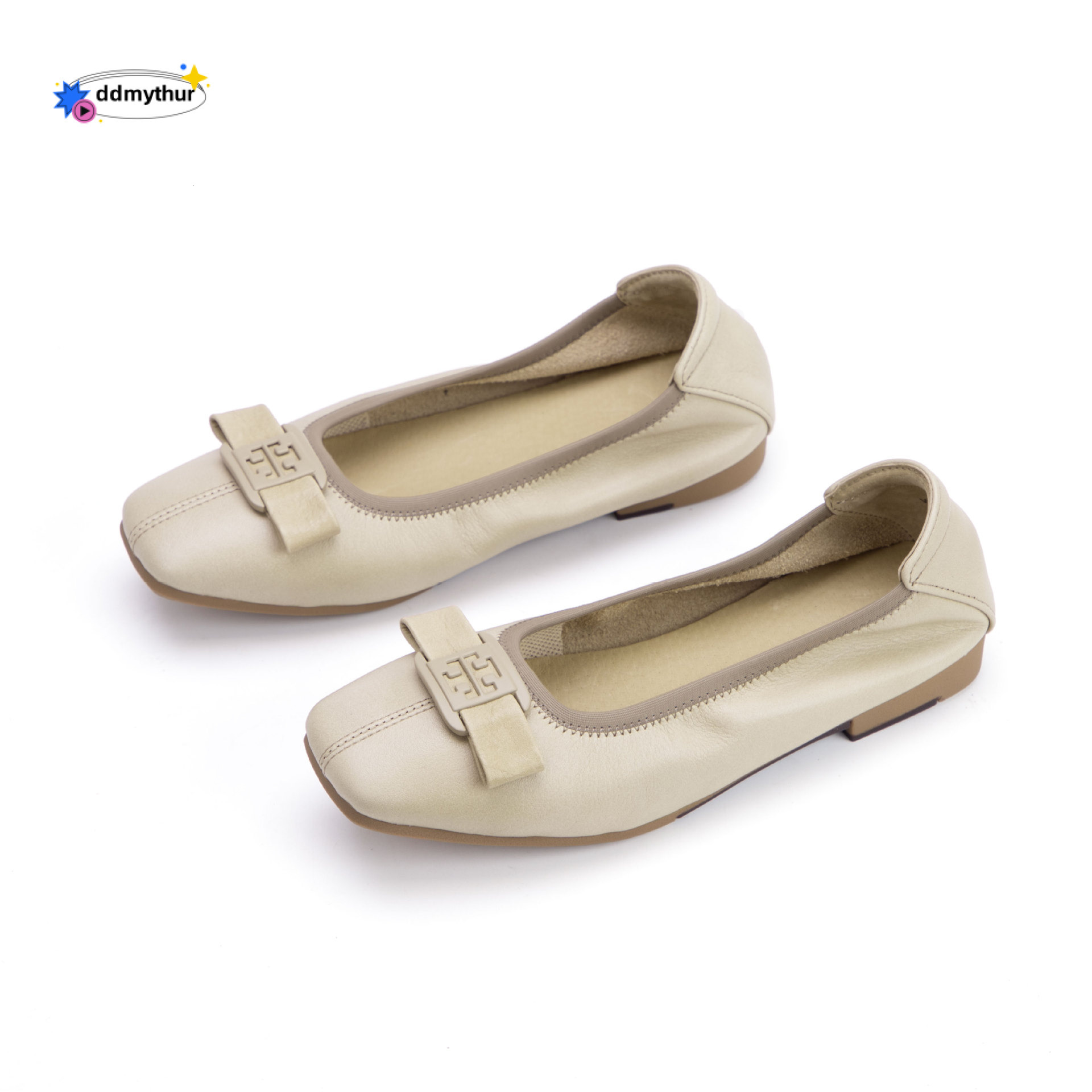 Sole Soft Surface Top Layer Cowhide Single Square Toe Bowknot Flat Spring Shallow Mouth Large Size Genuine Leather Women's Shoes