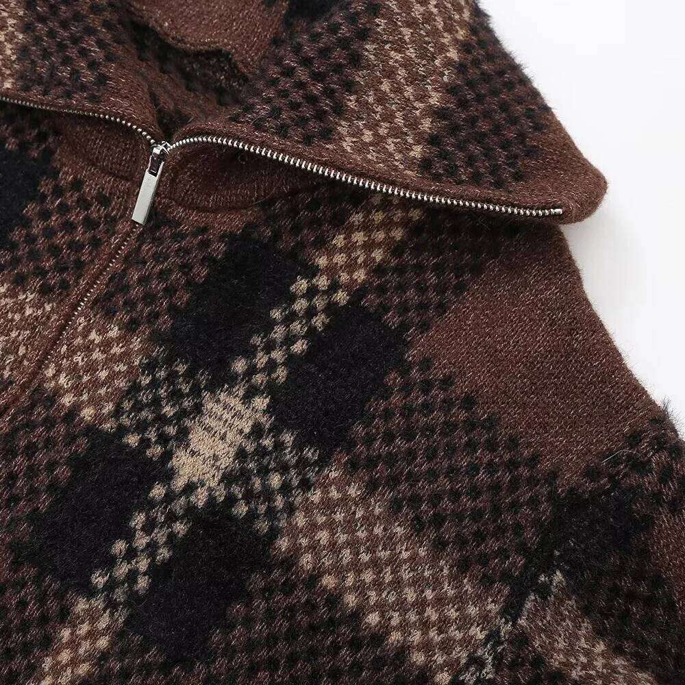 BMURHMZA Autumn/Winter New Product Women's Fashion Collar Long Sleeve Checkered Knitwear Cardigan Sweater Coat