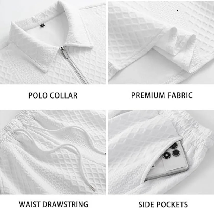 Hawaiian Casual Suit Mens Jacquard Shorts And Lapel Polo Shirt Twopiece Set Breathable Comfortable 250612