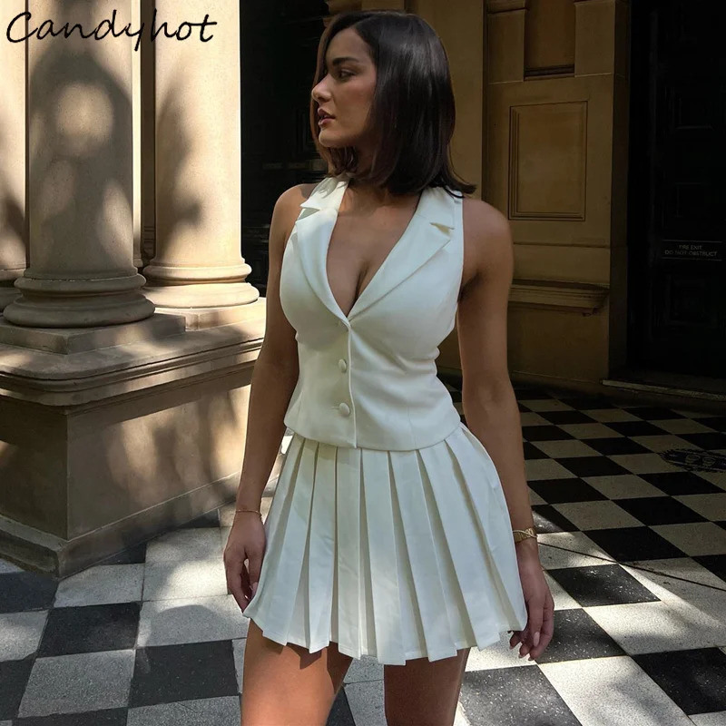 Candy Temperament Elegant Y2K Slim Fit Set Vneck Tight Vest Mini Pleated Skirt Autumn Street Commuting Womens Twopiece Set 250609