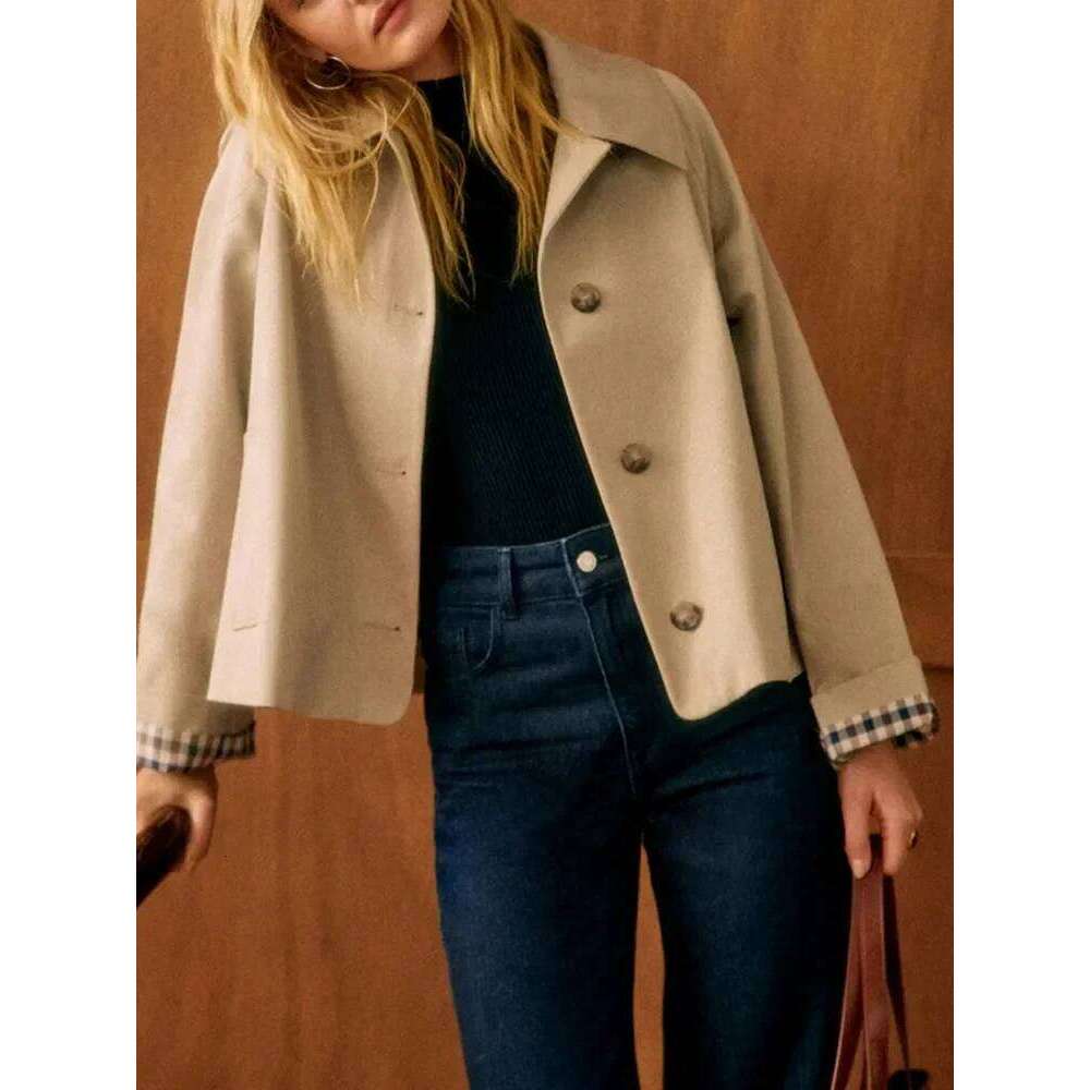 Single Breasted Women Short Trench Coat Interior Plaid Turn-Down Collar Lady Loose Windbreaker 2025 Spring