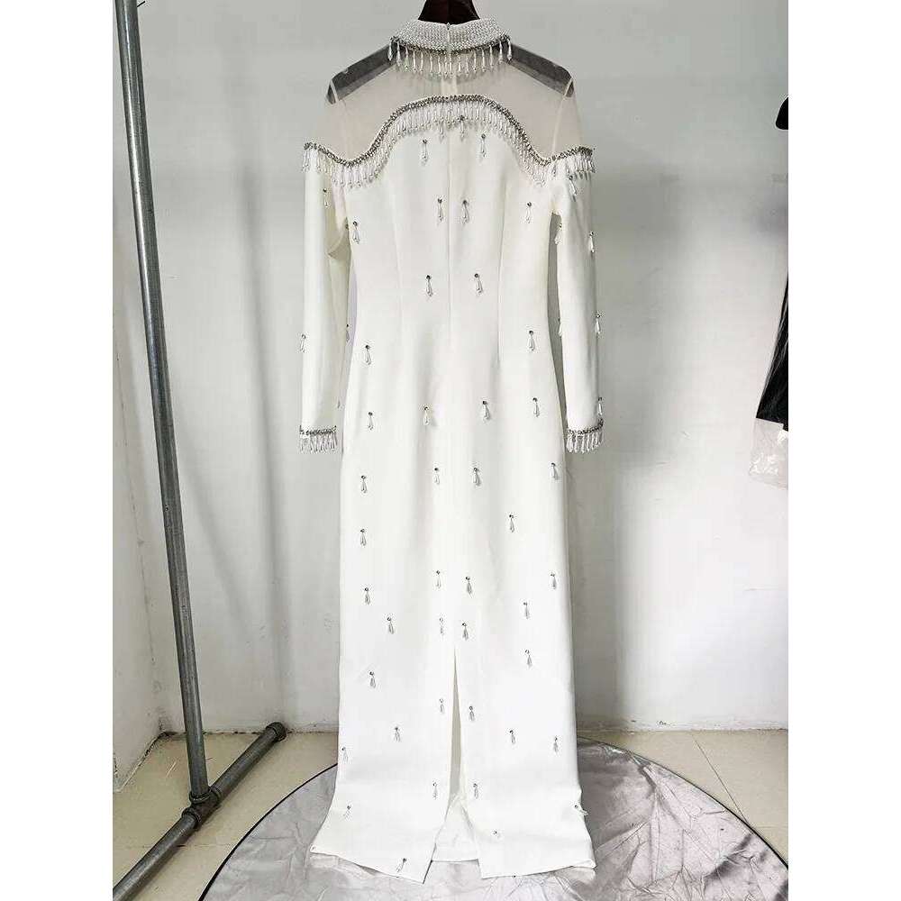 HIGH STREET Newest 2025 Designer Vestido Women's Spliced Mesh Dias Beaded Sleeved Floor Length Maxi Long Dress