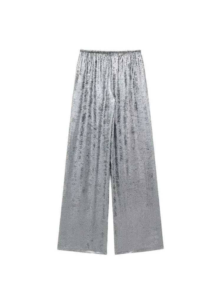 TRZA-Womens Metallic Straight Pants High Elastic Waist with Drawstring Fe Trousers Chic Fashion XJ250616