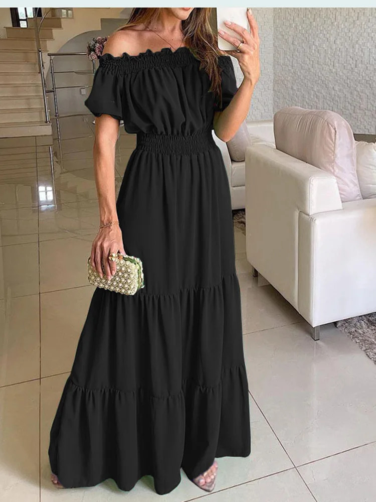 2025 Summer Solid Boho Dress Women Fashion Elegant Beach Party Dress Casual Slash Neck Office Maxi Dresses For Woman Robe Femme 250614