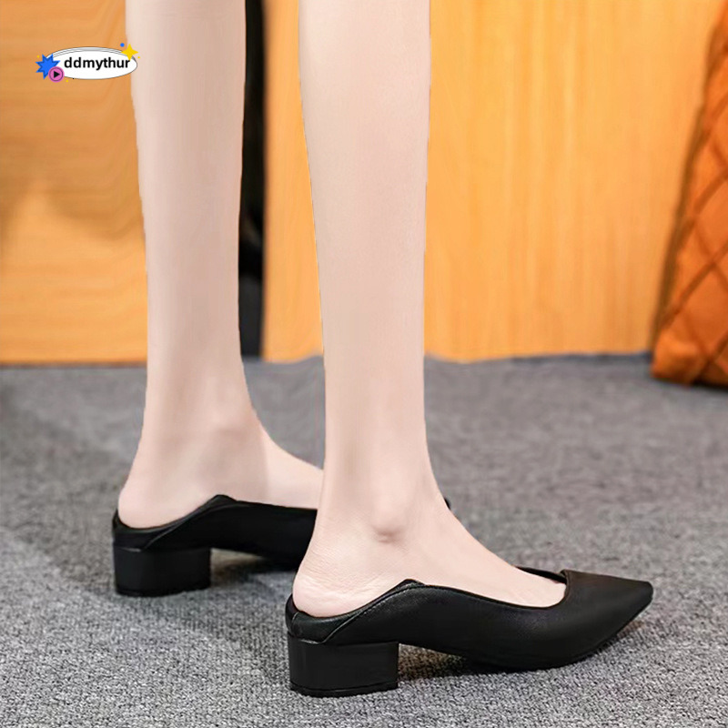 Pointed Toe Single 2023 Office Leather Thick Heel Comfortable Women's Professional Work Shoes Black ddmythur
