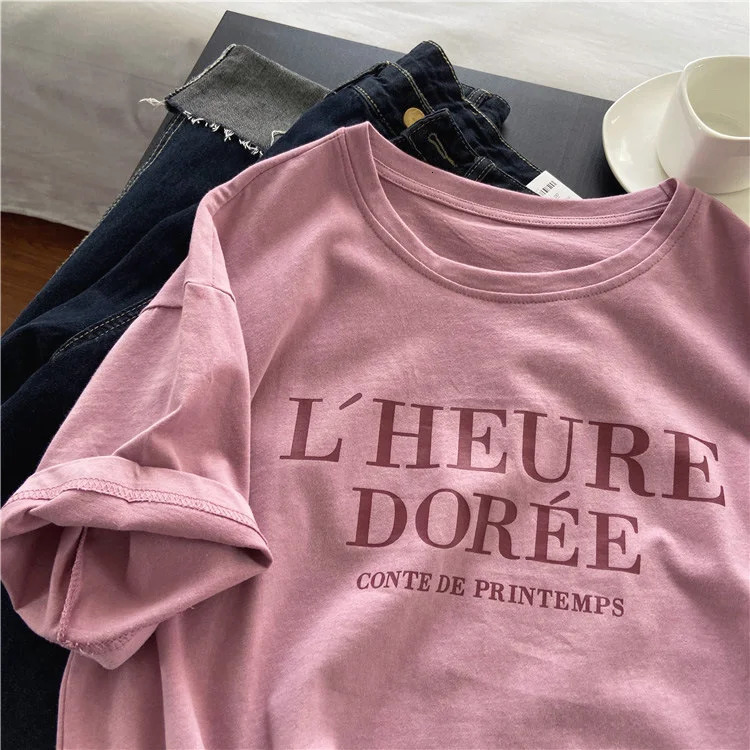 Pink Short Sleeve T-shirt Womens Loose Casual Round Neck Letter Print Thin Top 250614