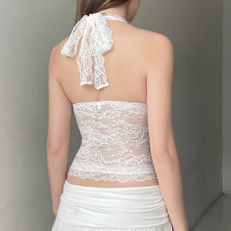 Cuteandpsycho Sexy Lace Patchwork Y2K Camisoles Backless Transparent Slim Outfits Party 90s Vintage Clubwear Halter Neck Tops 250613