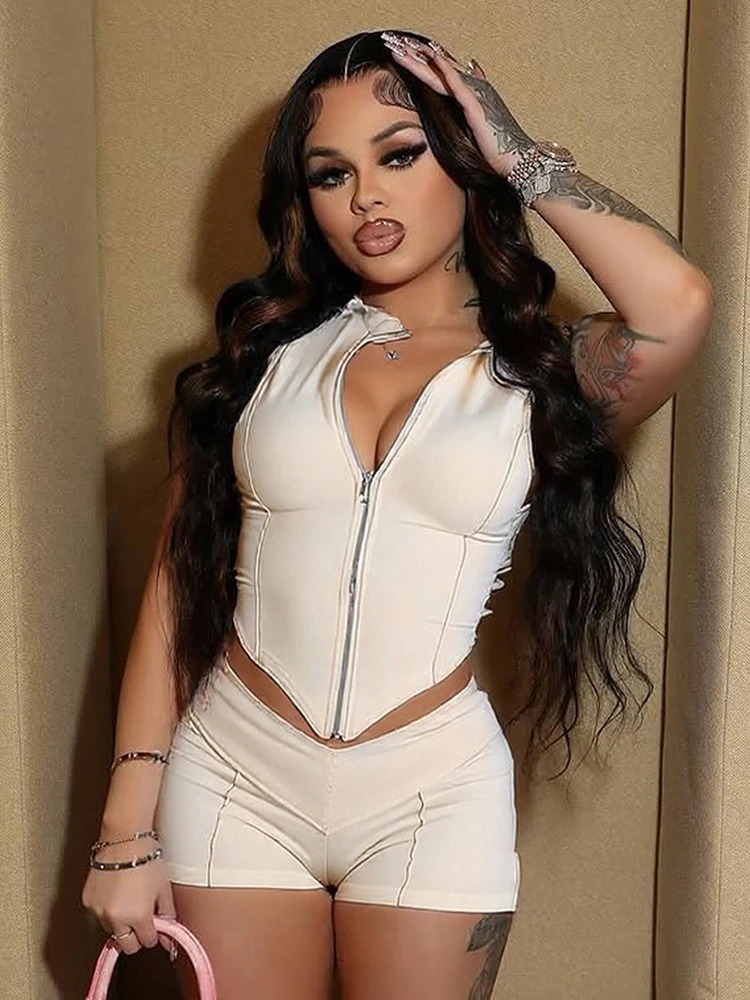 Weird Puss Lines Patchwork 2 Piece Set Women Zipper Cardigan Irregular Crop TopSkinny Peach Hip Shorts Simple Sporty Streetweas 250614