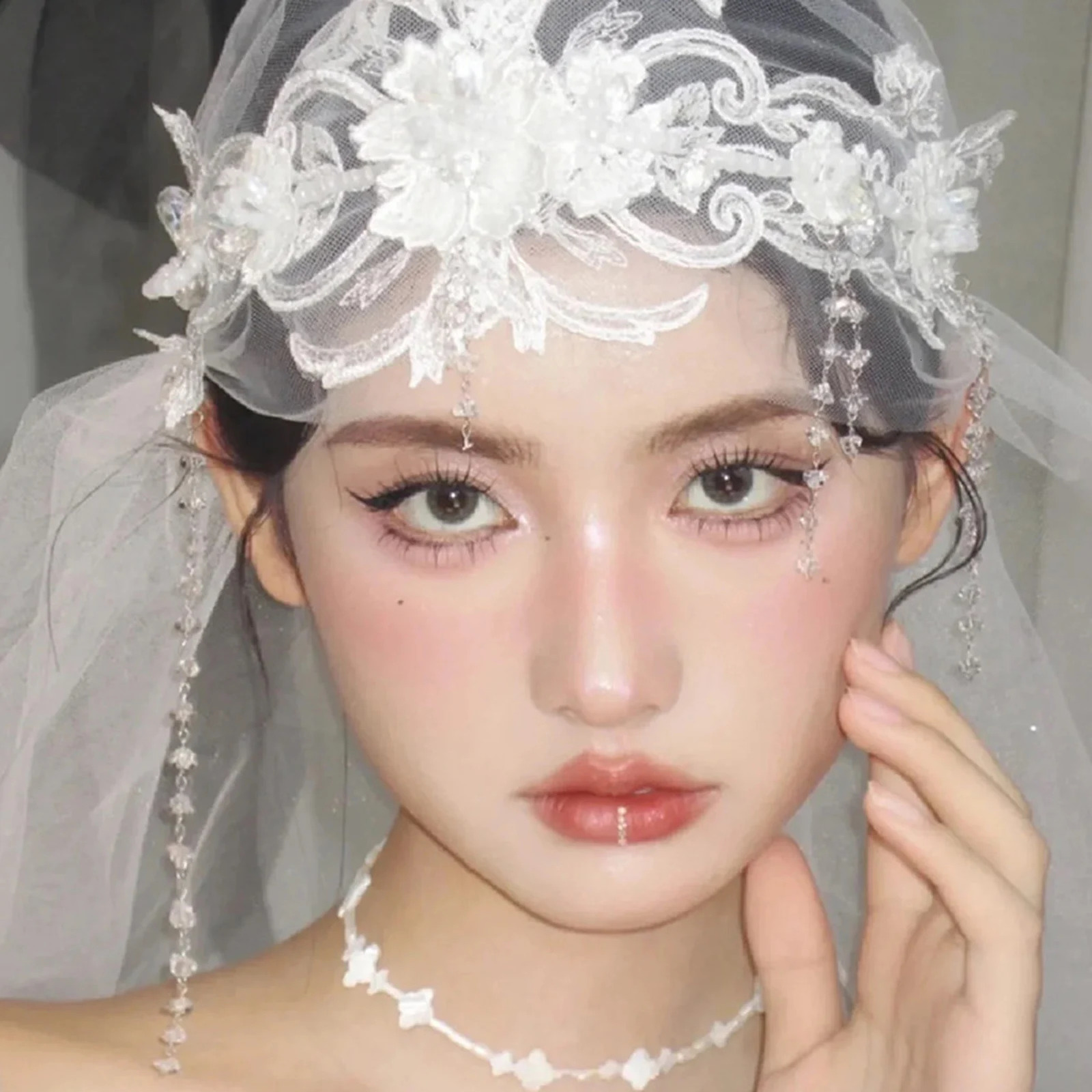 Lace Head Covering Veils White Flower Hairband For Women Bridal Wedding Hair Accessories Sweet Crystal Tassel Tiaras Jewelry 250610