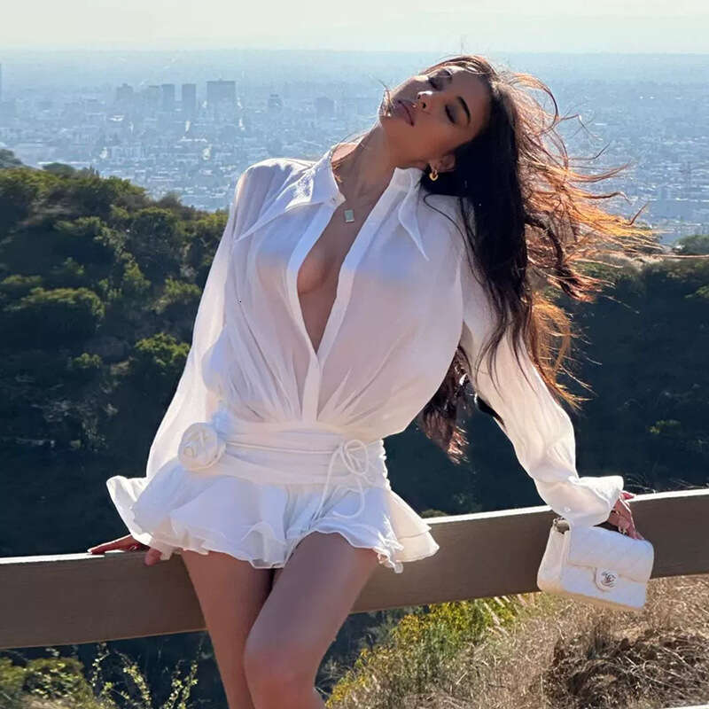 European and American Spring Trend Design Women's V-neck Turn-down Collar Bell Sleeve Sheer Slim Fit Dress 2025 New Casual Versatile Fashion Clot