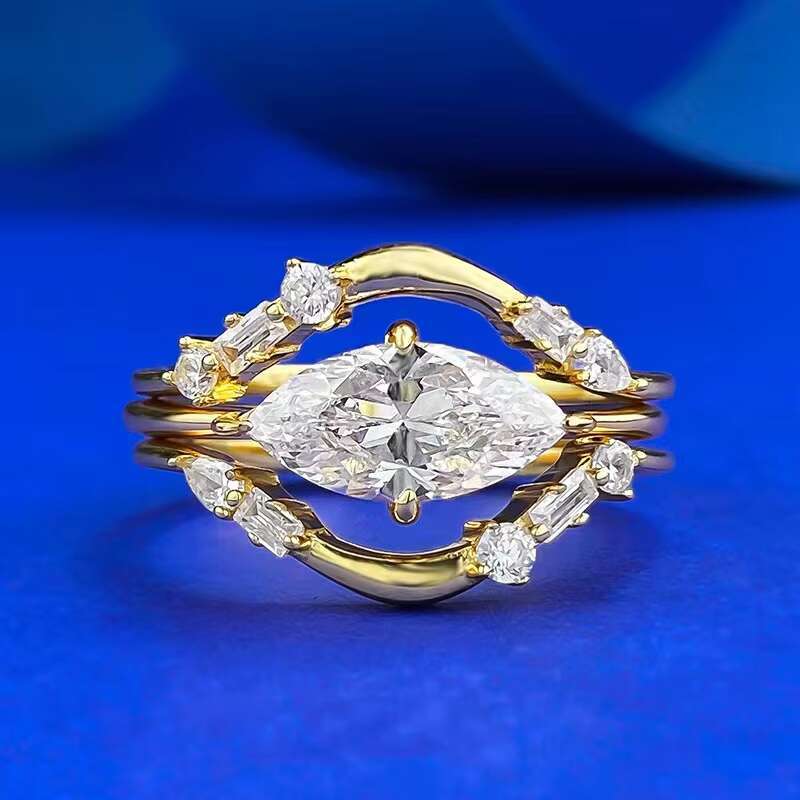 High Quality 2ct Marquise Cut Moissanite Diamond VVS D Color 925 Sterling Silver 18K Gold Plated Fashion Ring Set for Women