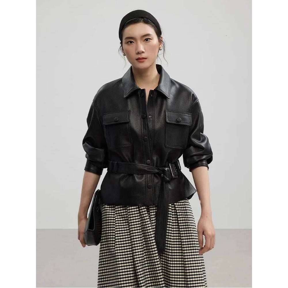 Casual Black Genuine Leather Jackets for Women Spring Autumn High-end Simple Lychee Texture Short Real Sheepskin Coat with Belt