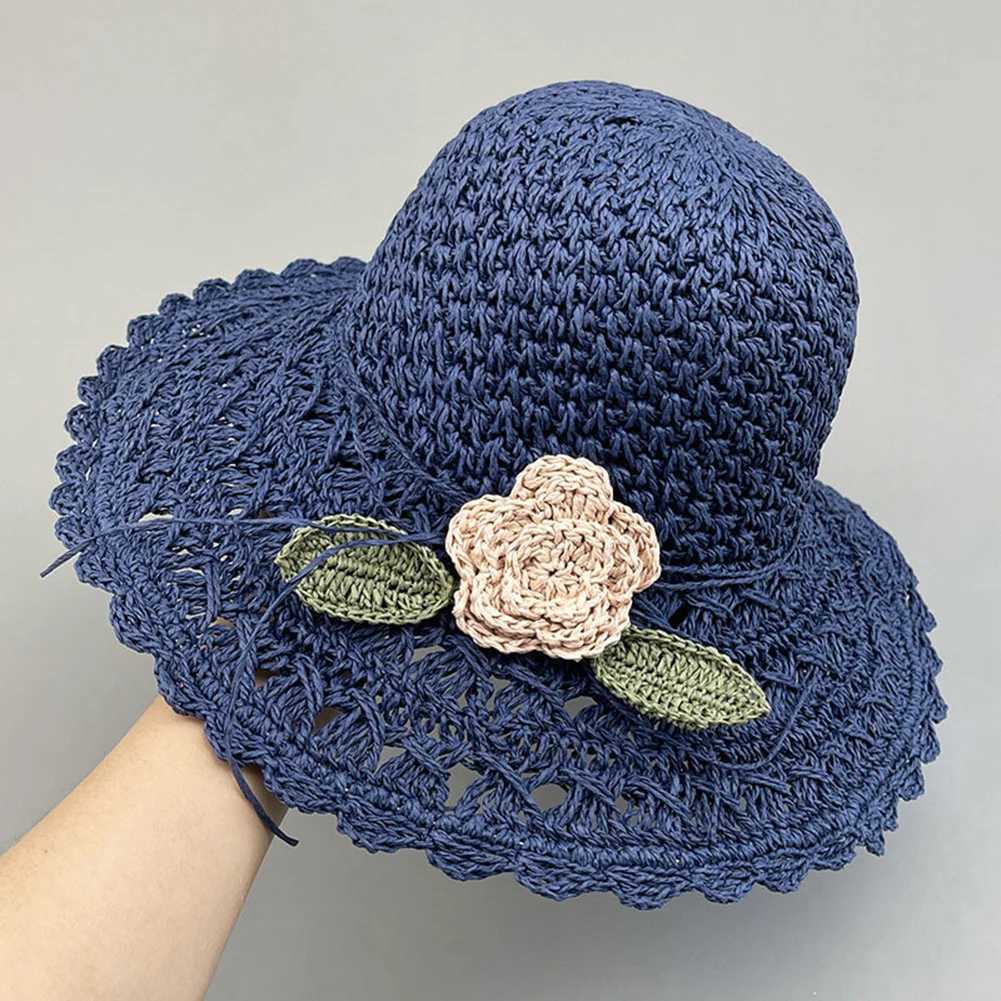 New Arrival Simple Women Hand-woven Straw Hat With Flowers Soft Lightweight Sun Hats For Outdoor Beach Vacation Foldable Sun Protection Cap U250616